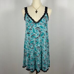 Old Navy Intimates Teal Peacock Feather Slip Dress Lace Trim M